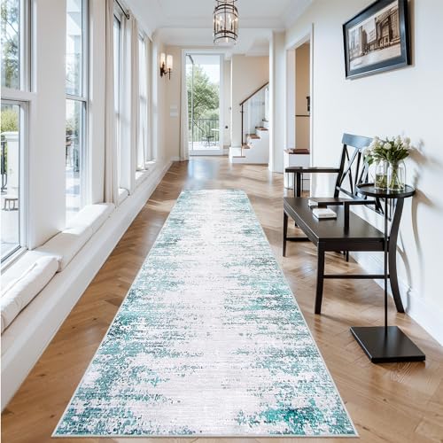Lahome Abstract Teal Long Hallway Runner Rug 10ft, Thin 2.5x10 Kitchen Runner Rugs Washable Non-Skid Low-Pile, Modern Ombre Indoor Floor Carpet Runners for Hallways Entryway Teal 2'6" x 10'