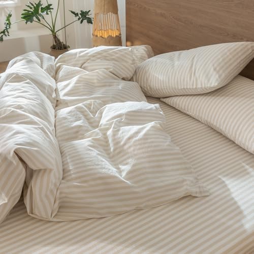 Image of MooMee Striped Duvet Cover Set 100% Washed Cotton Linen Like Oversized Full | Relaxed Linen-like Texture. Soft, Breathable & Long-lasting Comfort. Lightweight. Hidden Zipper with 8 Interior Corner Ties