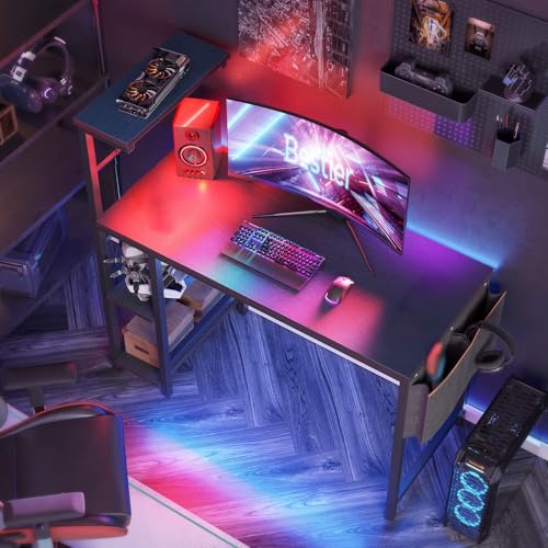 Image of Bestier Gaming Desk with LED Lights, 44 Inch PC Gamer Desk for Small Spaces, Computer Desk with Reversible Storage Shelves & Side Storage Bag (Black Grained)