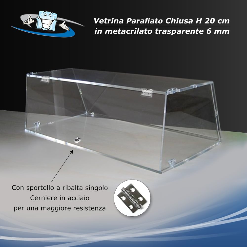 Vetrina da banco in plexiglass trasparente per alimenti H 20 cm aperta o chiusa su 3 lati disponibile con o senza sportello