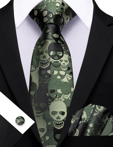 Image of Barry.Wang Man Tie Sets Skull Ties Animal Extra Long Necktie Silk Woven Handkerchief Cufflinks Festival Party Gift