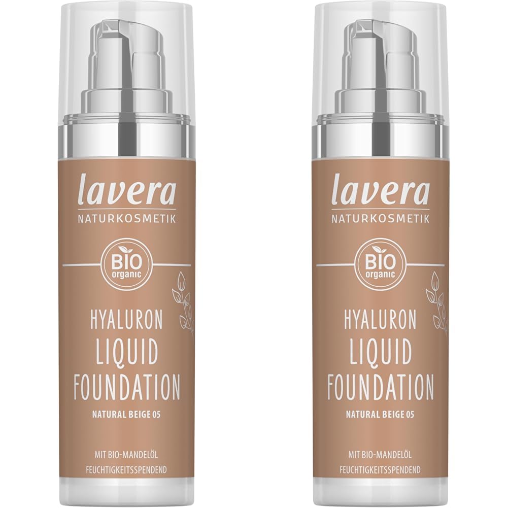 lavera Hyaluron Liquid Foundation - Natural Beige 05 - Naturkosmetik - Vegan - Seidige, leichte Textur - Frei von Mineralöl - Natürliche Hyaluronsäure & Bio-Mandelöl - 30ml (Packung mit 2)
