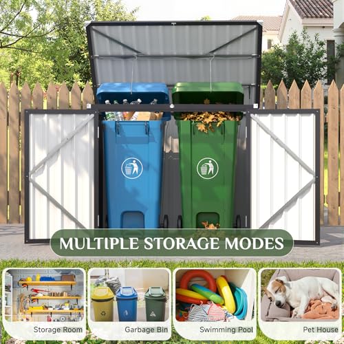 Image of AECOJOY Outdoor Trash Can Storage Shed, 46 Cu.Ft Metal Garbage Bin Enclosure with Lift-Up Lid & Gas Strut, Waterproof Outdoor Garbage Can Organizer, Bike Shed Backyard Patio Garden, Dark Grey