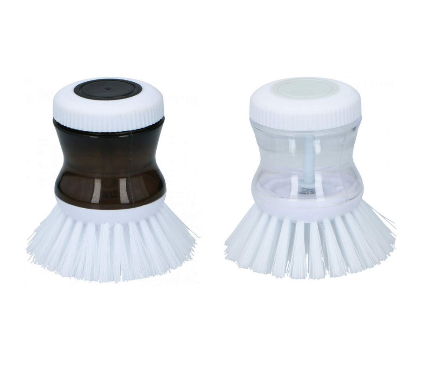 Alpina Black & White Soap Dispensing Palm Dish Brush Kitchen Brush For Dishes Pot Pan Sink Cleaning Small Dish Scrubber Round Brush With Built In Soap Dispenser, Pack Of 2 (Black & White)