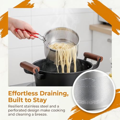 Colador de fideos de acero inoxidable con mango extraíble para cocinar sin quemarse 6