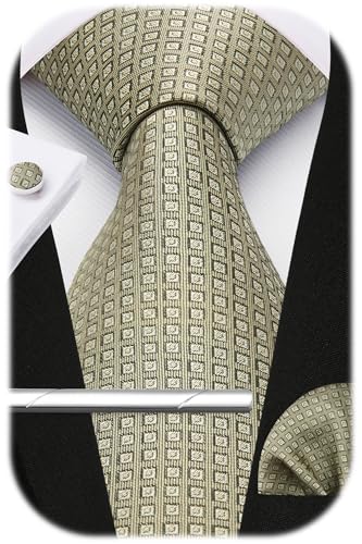 Image of HISDERN Plaid Ties for Men Classic Checkered Tie and Pocket Square Cufflinks Tie Clip Set Woven Men's Necktie Business