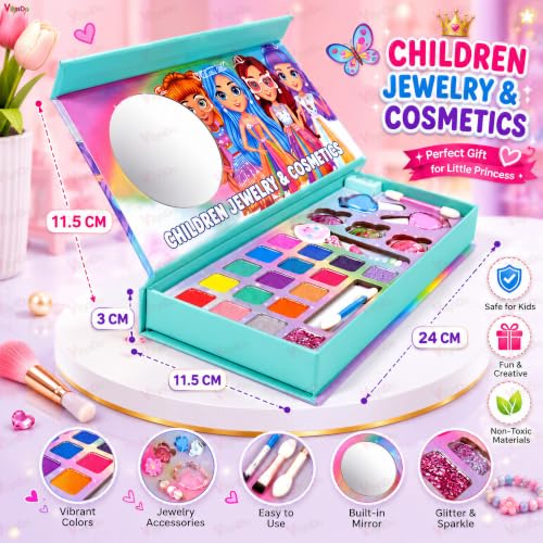 Image of VikriDA Kids Washable Makeup Kit, Fold Out Makeup Palette with Mirror, Make Up Toy Cosmetic Kit Gifts for Girls - Safety Tested- Non Toxic