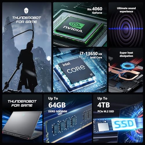 Thunderobot Radiant 16 4060 2.5K Gaming Laptop, 16" WQXGA 165Hz Display, Intel Core i7-13650HX, GeForce RTX 4060, 64GB DDR5 RAM, 2TB PCIe SSD, RGB Backlit Keyboard, Wi-Fi 6, Windows 11 Home, Gray - Image 4