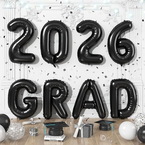 Image of Black 2026 Congrats Balloons, 16 Inch Matte Black 2026 GRAD Foil Balloons Banner Sign for Graduation Decorations 2026, College High School Class of 2026 Graduate Congratulations Party Decor Supplies