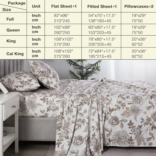 Image of Vintage Brown Floral Percale Bed Sheets, Queen Size 100% Cotton Deep Pocket Botanical Flower Farmhouse Sheet Set, Crisp Shabby Chic Toile Sheets, French Country Bedding, Cream White, 4Pcs