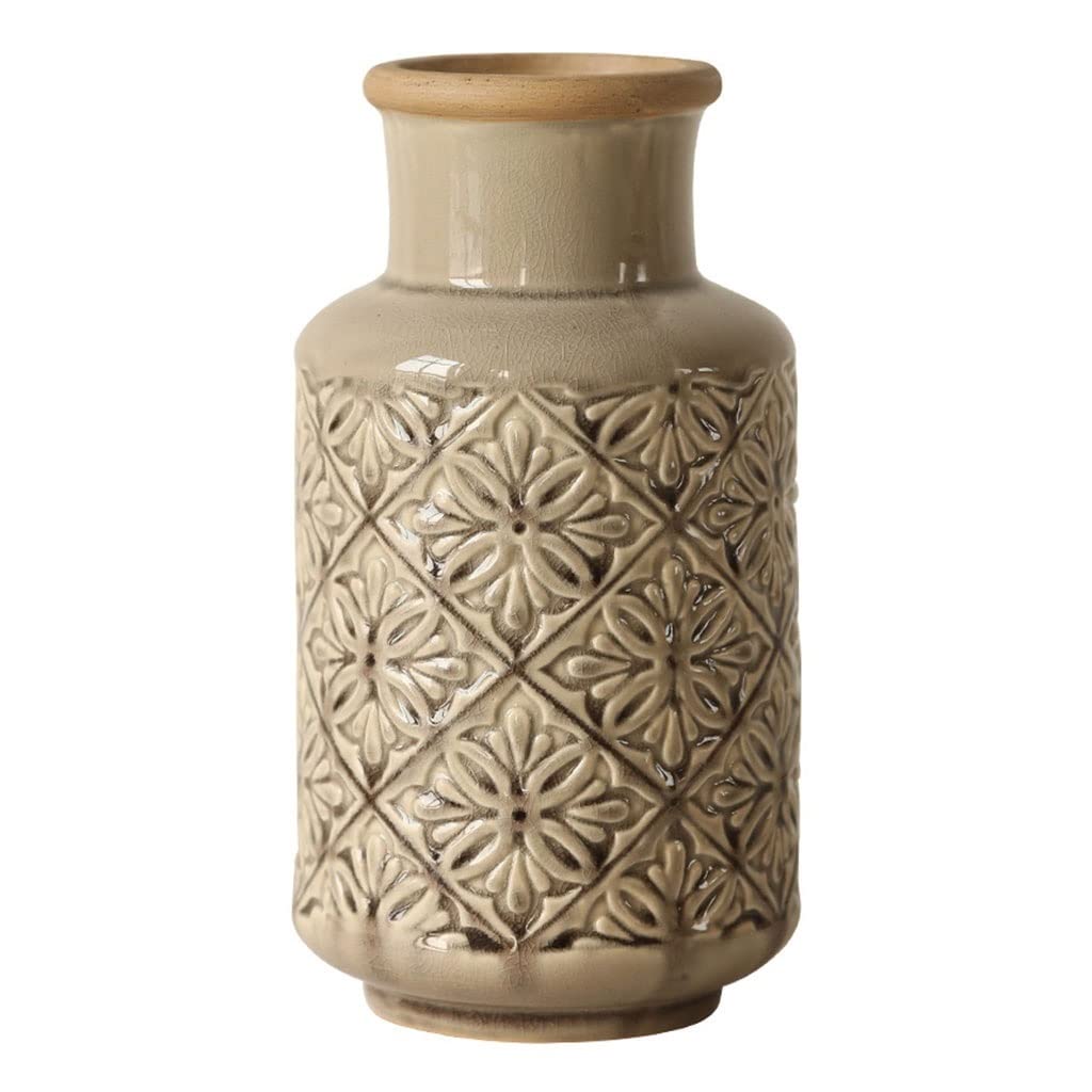Bzgpmfud One Color Vase Desktop Flower Vintage Embossed Pattern Ornament Living Room Decoration Ceramic Table Arrangement