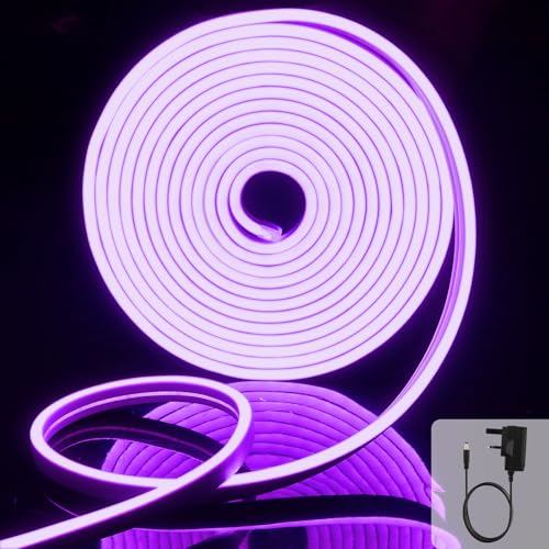 EXTRASTAR Neon Led Strip Light 5M 12V with Power Adapter IP65 Neon Led Rope Light Cuttable 8.5W/M Purple Light