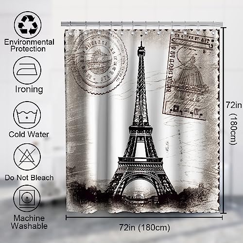 Romantic French Paris Eiffel Tower City Of Love Retro Theme Fabric Black And White Shower Curtain Sets Kids Bathroom Home Decoration Decor With Hooks Waterproof Washable 72 X 72 Inches #TOP3