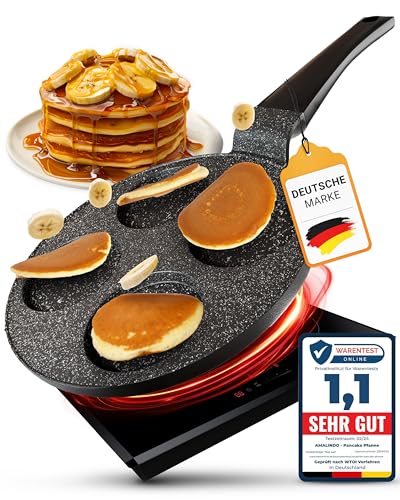 Amalindo Pancake Pfanne Induktion, 4 Loch, Pancake Form, Spiegeleipfanne, Pfannkuchen Maker, Poffertjes maker, Antihaft, Eierpfanne, Spiegeleipfanne, Pancakespfanne, Ø26cm