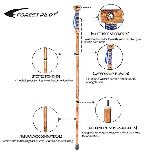 Hardwood Detachable Walking Stick for Hiking with Compass - 48 Inches