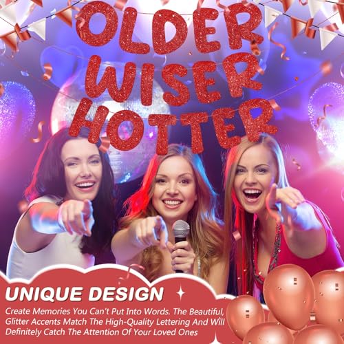 Image of Fulmoon Set of 3 Pre Strung Older Wiser Hotter Glitter Banner Funny Birthday Banner for Women 30th 40th 50th 60th 70th 80th Birthday Party Decorations Sign Gift(Red)
