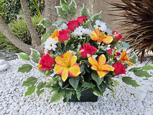 roselynexpress Composition de Fleurs artificielles, lesté Totalement Ciment en jardinière, pour cimetière. Réalisé par nos Soins, Produit apprécié dans...