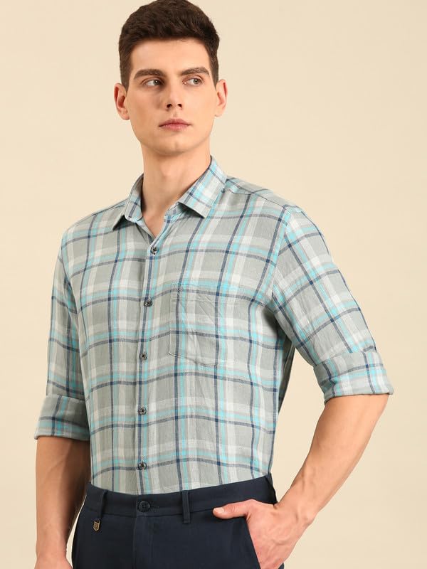 Image of Linen Club Men's Pure Linen Checked Contemporary Fit Full Sleeve Casual Shirt