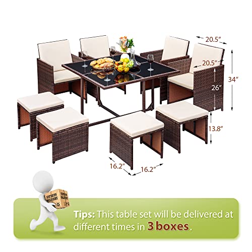 Devoko 9 Pieces Patio Dining Sets Outdoor Space Saving Rattan Chairs With Glass Table Patio Furniture Sets Cushioned Seating And Back Sectional Conversation Set (Beige) #TOP6