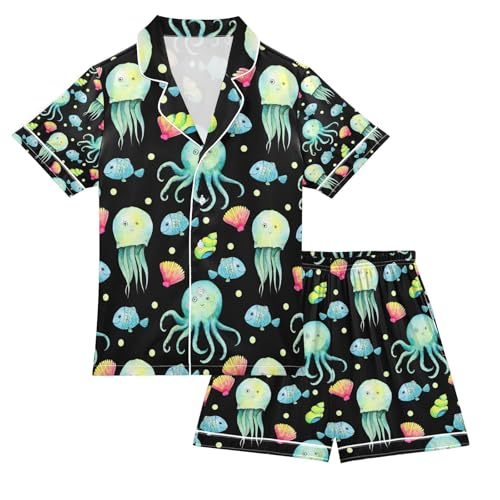 senya Watercolor Octopus Jellyfish Satin Summer Pajama Sets Silk Short Sleeve Button Down Sleepwear