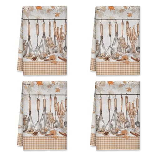 Küchenhandtücher, Herbstbesen, rustikaler Vintage-Holzlöffel, Lebkuchenbraun, schnell trocknend, Herd, Beilagentuch, Urlaubsdekoration, 40,6 x 61 cm (4 Stück)
