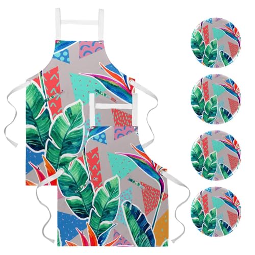 Lot de 2 tabliers de cuisine avec motif feuilles tropicales pour la maison et la restauration