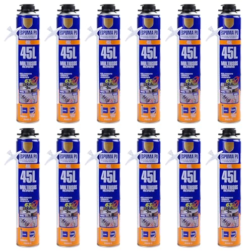Espuma de Poliuretano 750ml con Cánula – Aislamiento Térmico y Acústico – Expansiva y de Secado Rápido – Para Construcción, Sellado y Reparación de Grietas, Pack de 12 unidades