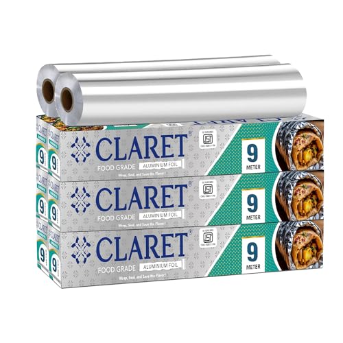 Claret Food Grade Aluminium Foil Roll | 9 Meter | Kitchen Foil for Wrapping Roti Snacks Lunch | Safe & Hygienic Foil for Everyday Use (Pack of 6)