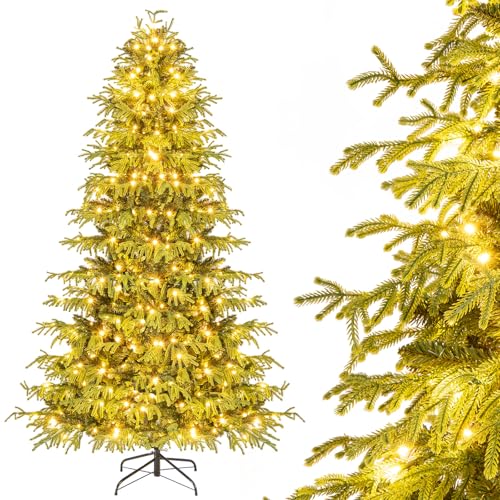 COSTWAY Árvore de Natal com luzes incorporadas, 210 cm, árvore de Natal com luzes integradas, 370 LED branco quente, 1090 ramos de PE e PVC, árvore de natal escritório casa (210 cm)