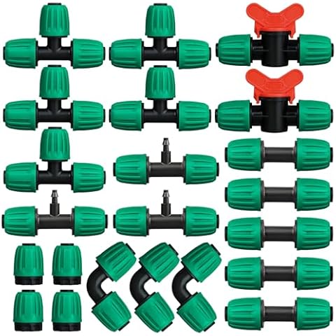 JAYEE 22 Pcs Drip Irrigation Fittings Kit for 1/2 in Tubing, Drip Line Parts for Sprinkler System - 5 Tees, 5 Couplings, 3 Elbows, 3 Barbed Lock T Connectors, 4 End Closure Plugs, 2 Switch Valves Cover