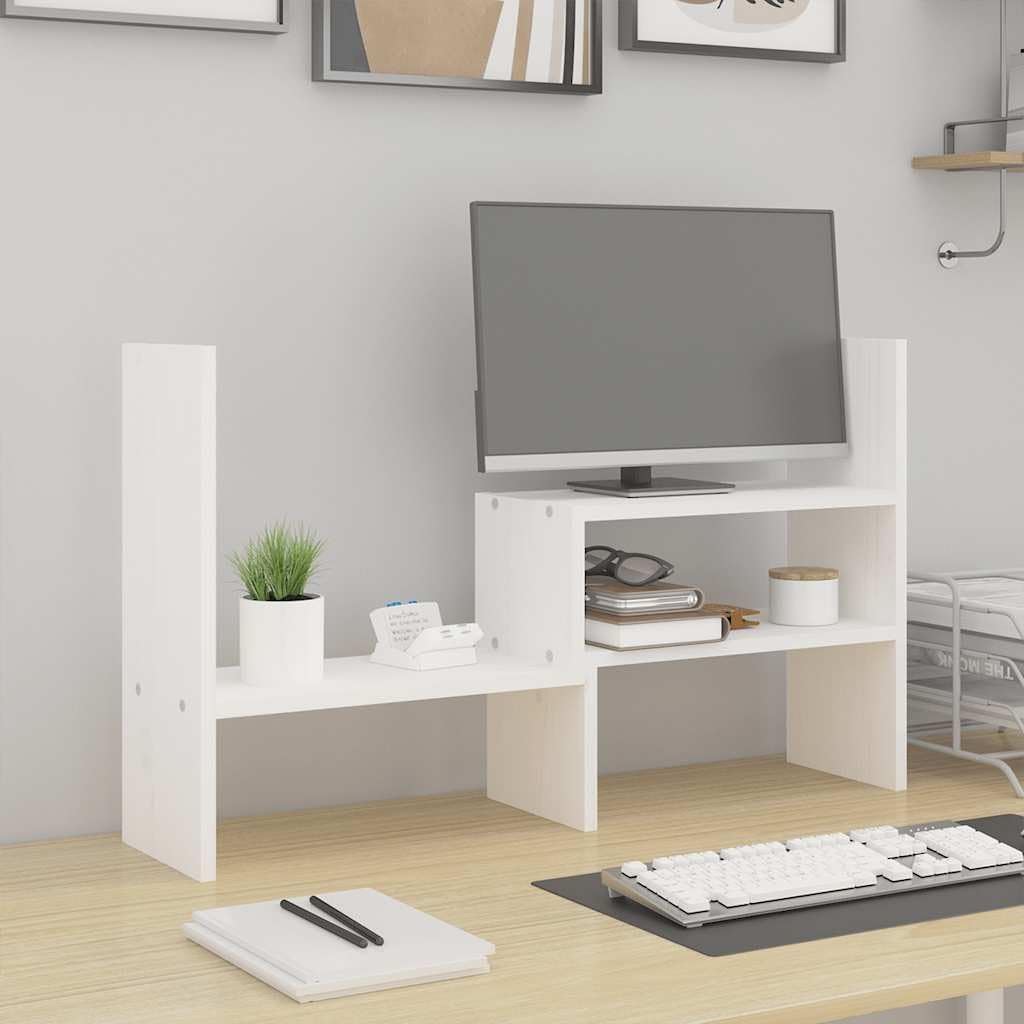 Supporto per monitor bianco in legno di pino massiccio, regolabile in altezza 39-72 x 17 x 43 cm, organizer da scrivania ergonomico per PC, laptop, tablet, ripiano salvaspazio per ufficio