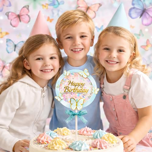 Image of Rozi Decoration Happy Birthday Cake Topper with Butterfly Theme | Cake Decoration with Stick | Pastel Green Theme Birthday Cake Accessory for Kids Party Pack of 1 Pcs