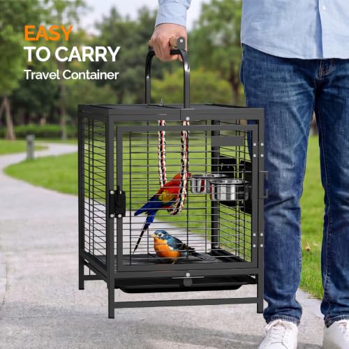 Image of VINGLI Small Bird Cage, 19 inch Travel Carrier Bird Cage with Handle, Wrought Iron Parakeet Cage with Wooden Perch for Parrot Lovebirds Finches Small /Medium Birds (Matte Black)