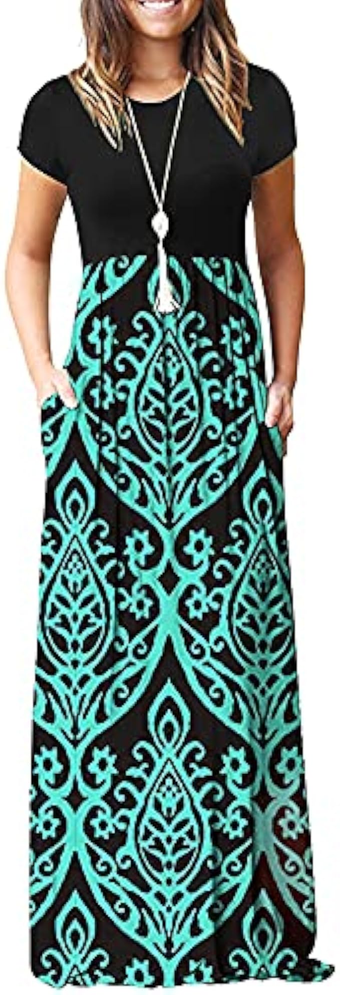 AUSELILY Women Short Sleeve Loose Plain Casual Long Maxi Dresses with Pockets