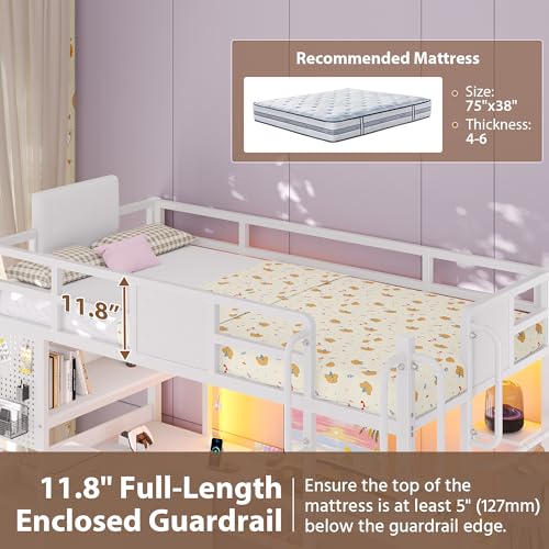 Image of Dnxao Loft Bed Twin Size with L-Shaped Desk, Heavy-Duty Metal Twin Loft Bed with 5 Storage Drawers, LED Lights & Charging Station, Reinforced Stable Structure for Small Room Dorm Apartment, White