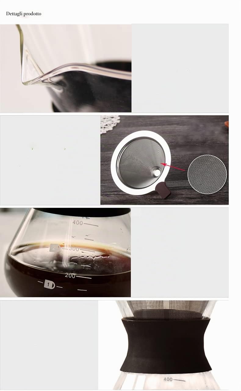 YunNasi Caffettiera Pour Over Coffee Maker Dripper Manuale per Fare il Caffè con Caraffa in Vetro e Filtro Permanente Riutilizzabile in Acciaio Inox Adatto per Polvere di Caffè Macinato,400ml
