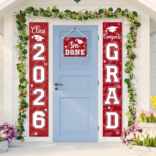 Image of Moukeren 3 Pieces 2026 Graduation Party Decorations Graduation Porch Sign Class of 2026 Grad Hanging Porch Banner Backdrop Door Sign for Grad Party Home Door Wall Decor(Red)