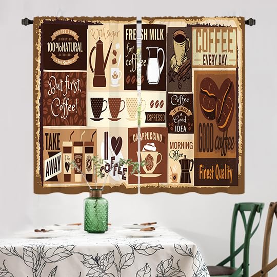 Tenda Decorativa 2 Pannelli - Stile Vintage Con Gnomi E Tazze Da Caffè - Motivo Scozzese Marrone - 104x114 Cm - Tasca Per Asta - Per Cucina E Bar