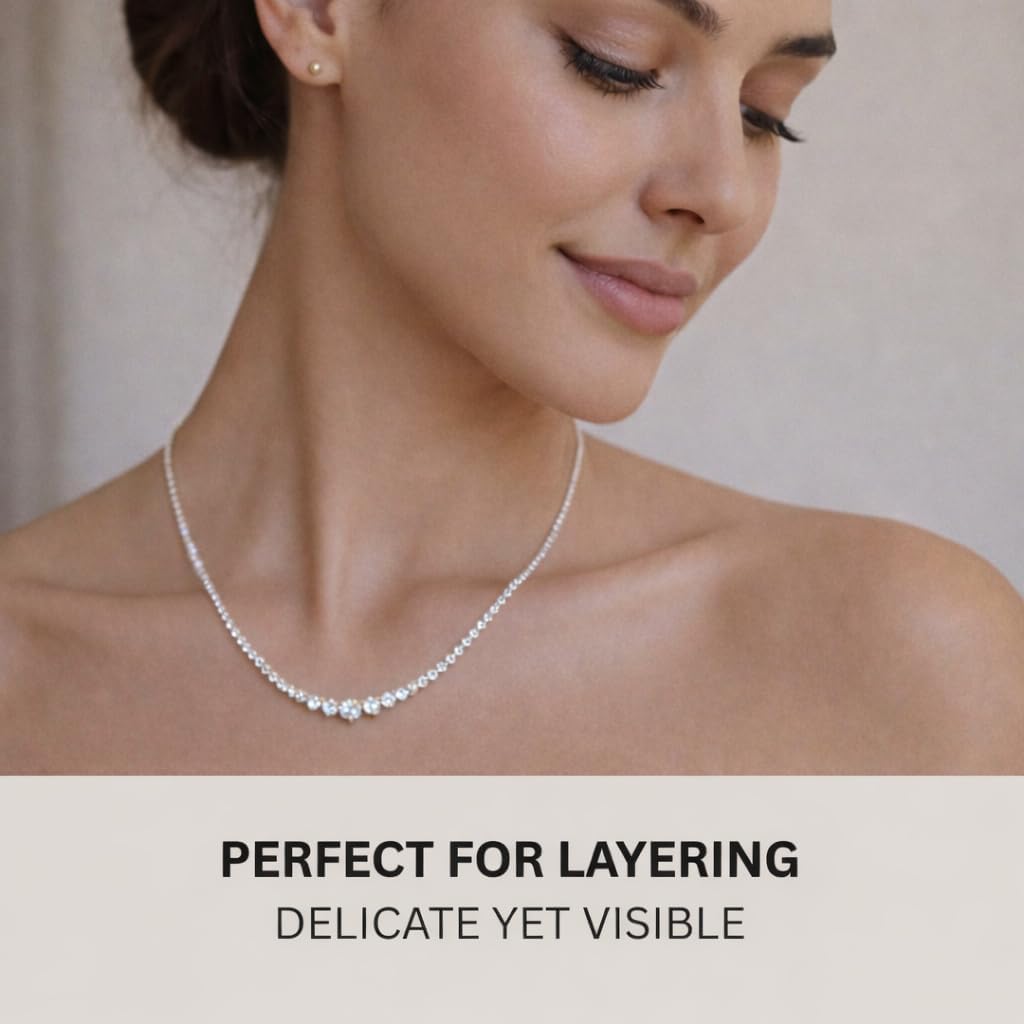 KISPER Graduated Tennis Necklace for Women – 14K Gold Plated 5A CZ Simulated Diamond Necklace – 3-Prong Setting, 3-5mm Stones, Adjustable 15-18"