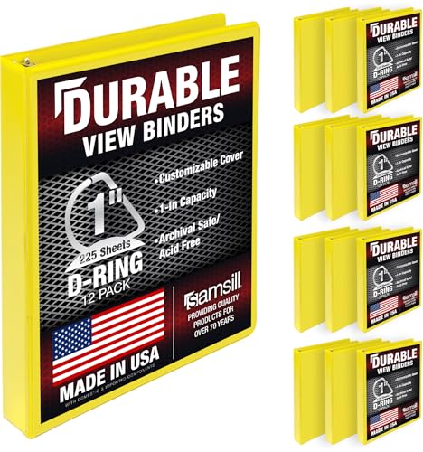 Samsill Durable 1 inch 3 Ring Binder D Ring Binder 100% Recycled Chipboard Yellow 12 Pack