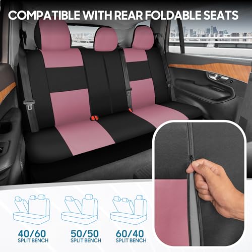 Image of BDK PolyPro Car Seat Covers Full Set in Pink on Black - Front and Rear Divided Seat Covers for Cars Easy to Assemble Accessories Car Trucks Van SUV - Pink