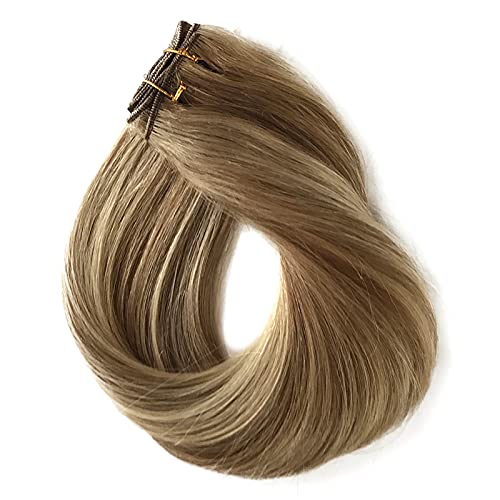 Sew in Human Hair Extensions Double Weft Seamless Brazilian Remy Hair Weave Bundles Natural Sew in Real Hair Weft Ash Brown with 2 Tones Blonde Highlights Silky Straight Full Head 120G 24 Inch