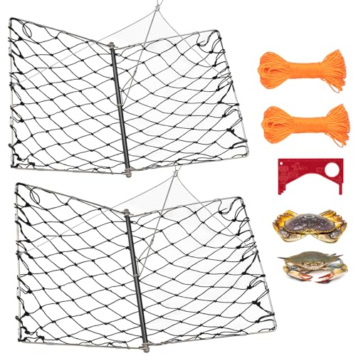 QualyQualy 2 Set Castable Crab Trap Kit, Foldable Crabbing Net with Rope & Bait Clip, Crab Snare/Pots/Traps for Blue Crabs, Dungeness, Crawfish Portable Crabbing Equipment