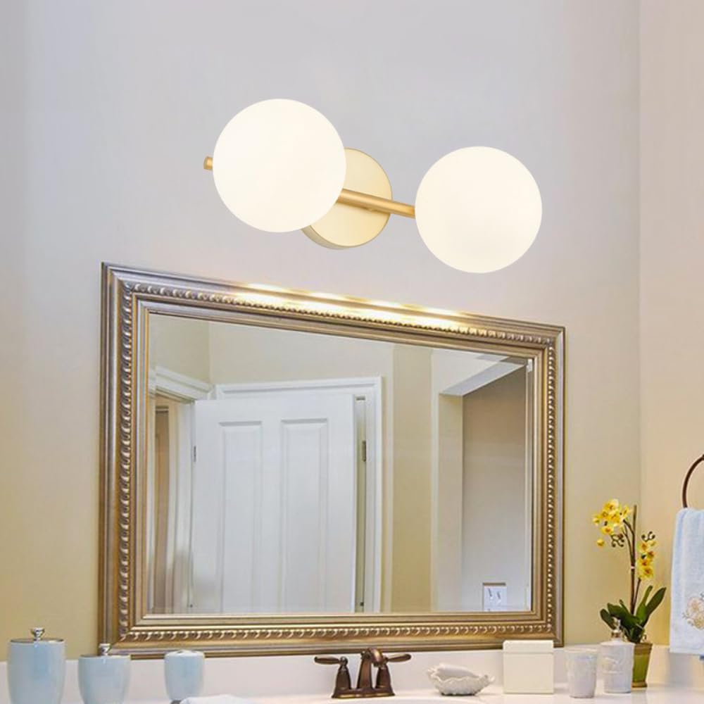 XINYASEE Aplique de baño dorado, lámpara de tocador moderna con pantalla de cristal opalino, adecuada para baño, pasillo, vestíbulo. (Dos cabezas)