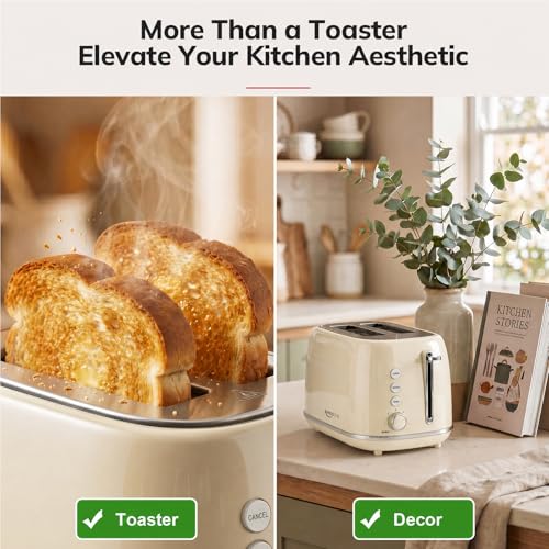 Image of Toasters 2 Slice Retro Stainless Steel Toasters with Bagel, Cancel, Defrost Function and 6 Bread Shade Settings Bagel Toaster, Beige