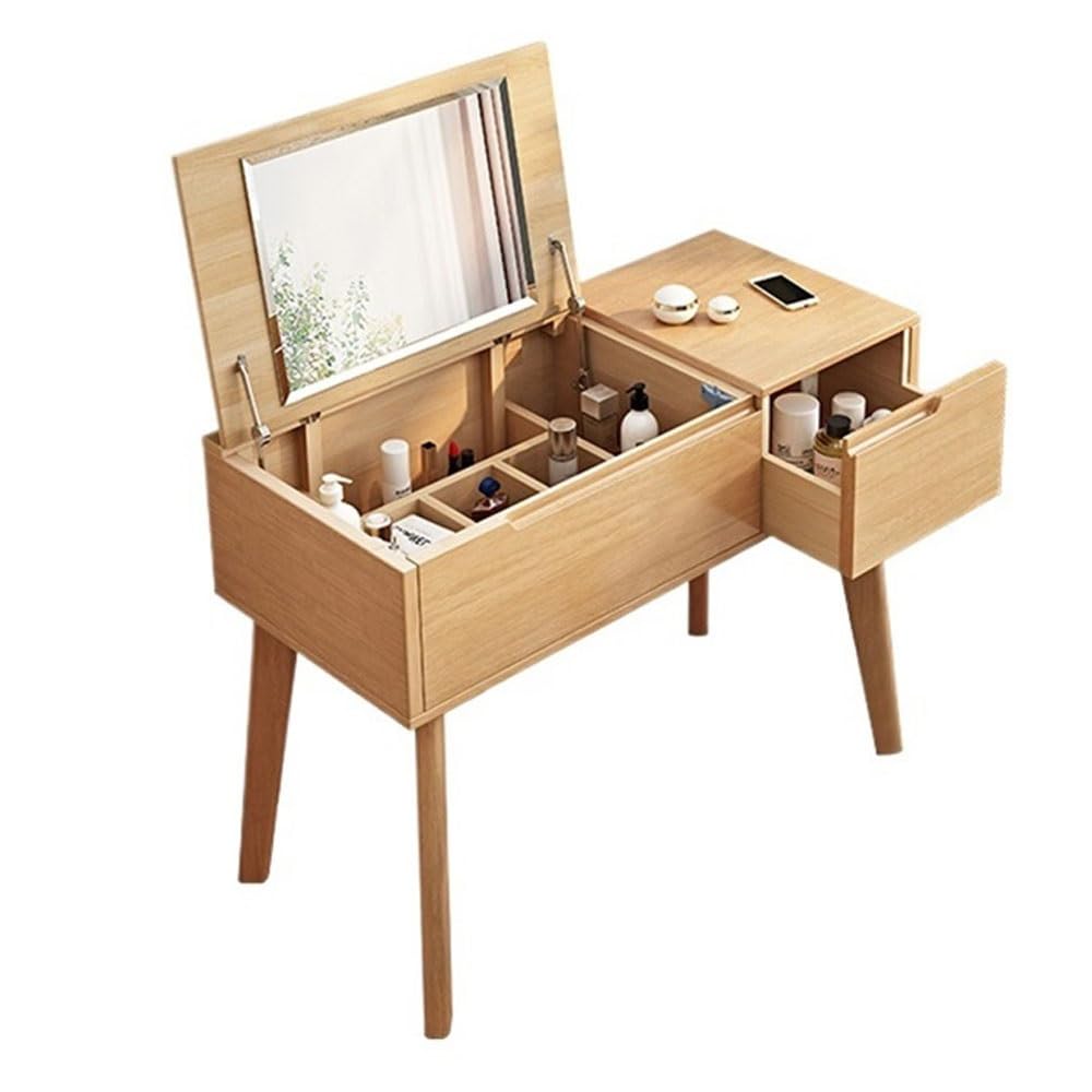 CGCSYZ Vanity Desk Small Dressing Table, Makeup Vanity with Flip Top Mirror, Wooden Makeup Table Writing Desk with Drawer Makeup Dressing Table (Natural)