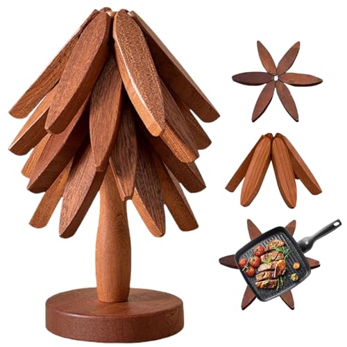Wooden Trivets Coasters Set of 4 Tree Shape Trivet Set Foldable Heat Resistant Pads Reusable Wooden Trivets Potholder for Kitchen Accessories