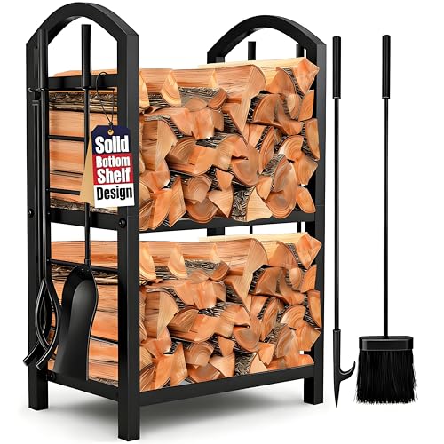 AMAGABELI GARDEN & HOME Firewood Rack Indoor with Tools 5-Piece Fireplace Tools Set Wood Holder...