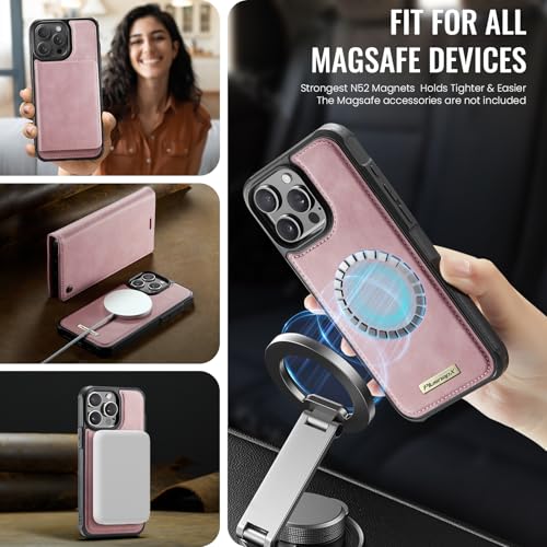 Image of Wallet Case for iPhone 13 Pro Compatible with Magsafe, 2-in-1 PU Leather Flip RFID Blocking Card Holder Stand Shockproof Magnetic Detachable Cover for iPhone 13 Pro Case 6.1 inch, Pink