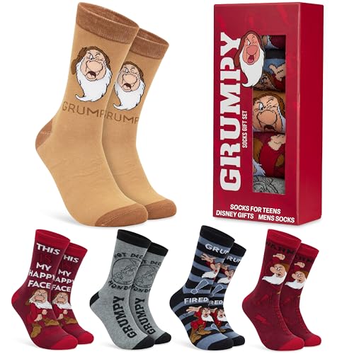 Disney Grumpy Mens Socks Gift Set 5-Pack Cotton Blend Calf Length Socks in Gift Box Snow White Novelty Gifts for Men (8/13 US Red Grumpy)